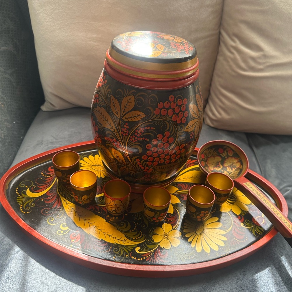 Hand-Painted Russian Khokhloma Serving Set in Black, Red & Gold